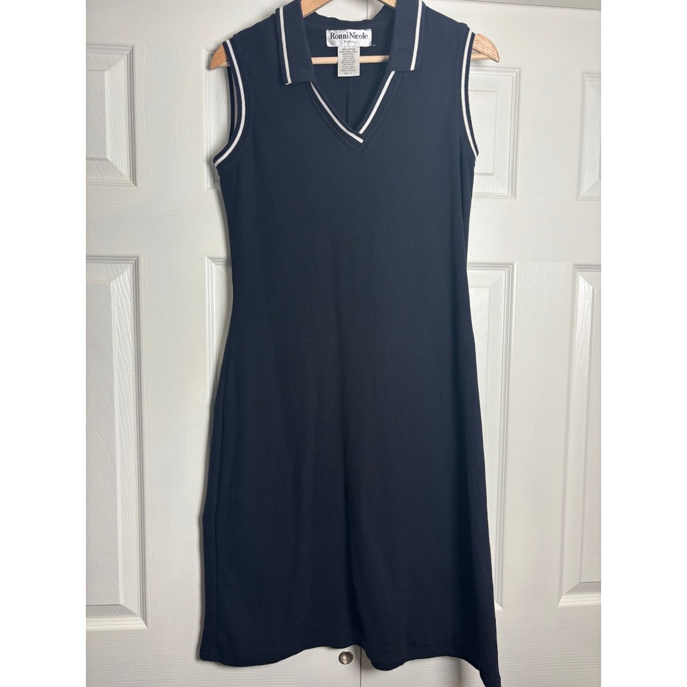 Ronni Nicole by Ouida Black White Trim Sleeveless Polo Knit Dress Small Vtg 90s